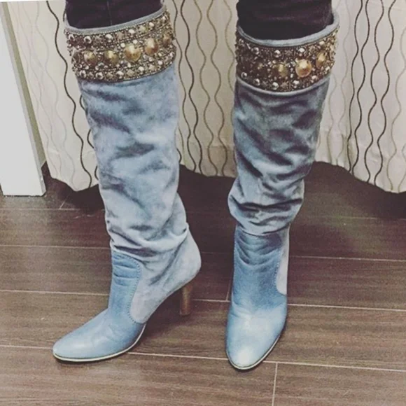 Baby Blue Suede and Beadwork Guiseppe Zanotti Heel Boots - Picture 1 of 6